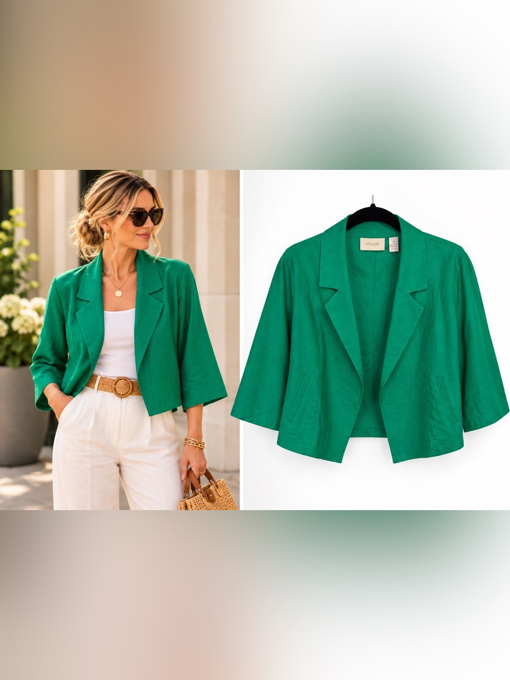 Chico’s Kelly Green 100% Linen Cropped Blazer Jacket Size 2 12/14